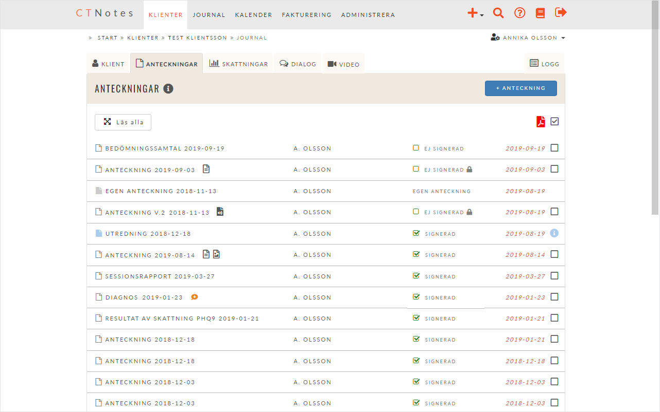 Lista av klients journalanteckningar