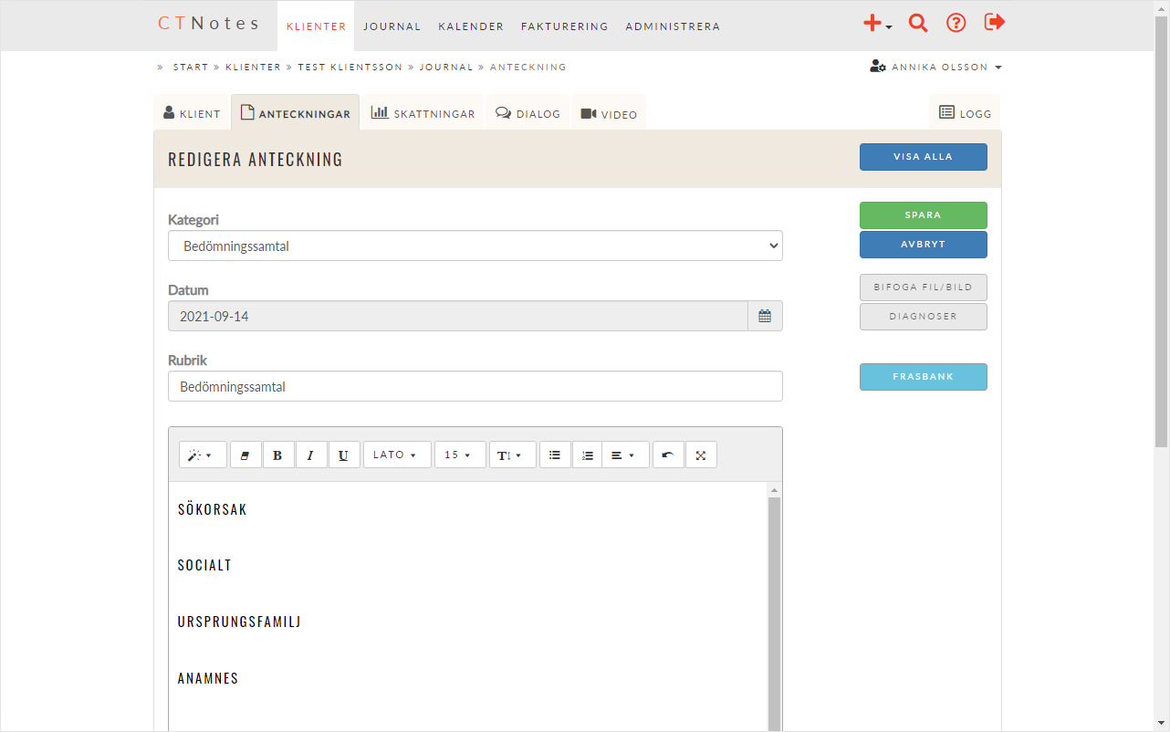 Journalsystem för psykologer och psykoterapeuter CTNotes